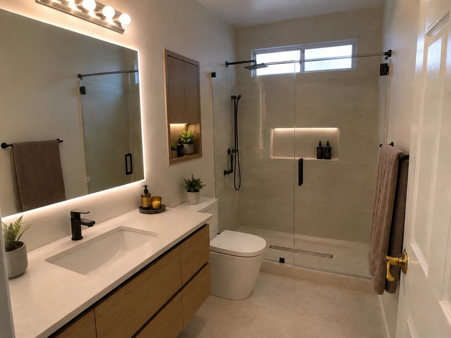 The same bathroom after remodelling, from the same position: a glass walk-in shower with large-format tile, a floating oak vanity, a backlit mirror, and matte black fixtures.